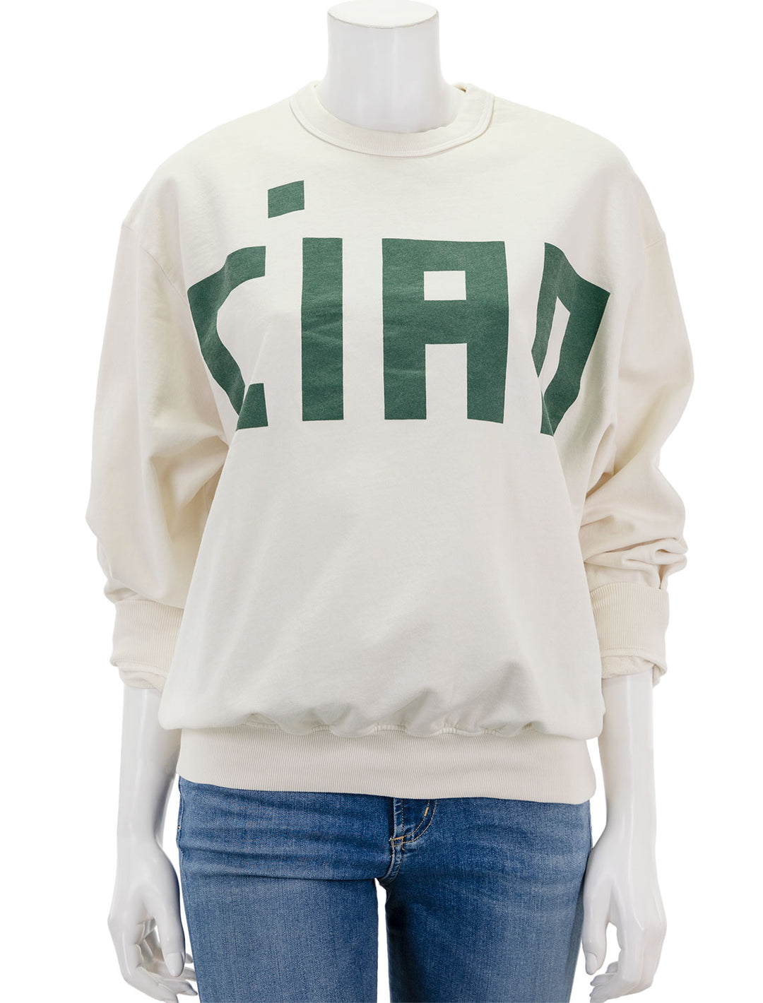 Front view of Clare V.'s ciao oversized sweatshirt in cream and evergreen.