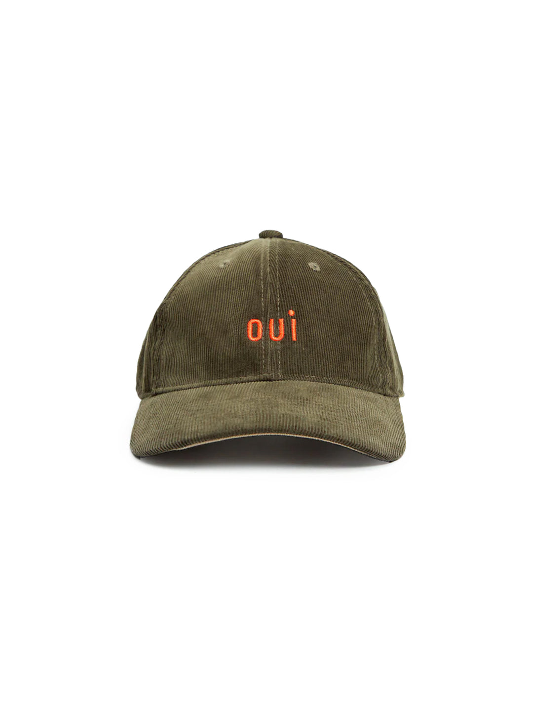 Front view of Clare V.'s corduroy baseball hat in olive.