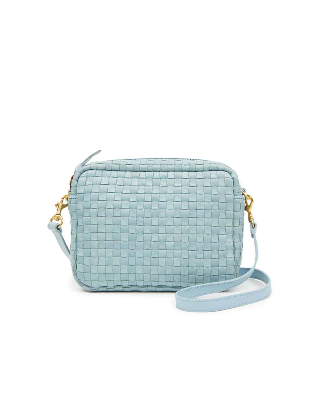 Front view of Clare V.'s midi sac in sunbleached sky blue woven.