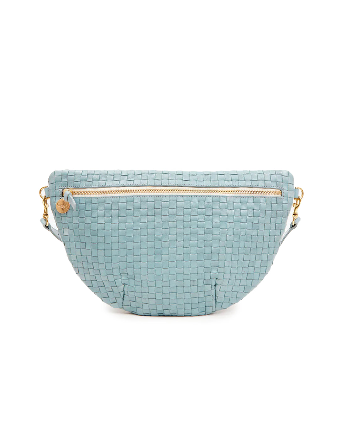 Front view of Clare V.'s grande fanny in sunbleached sky blue woven.