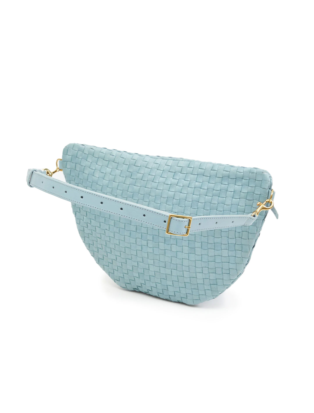 Back angle view of Clare V.'s grande fanny in sunbleached sky blue woven.