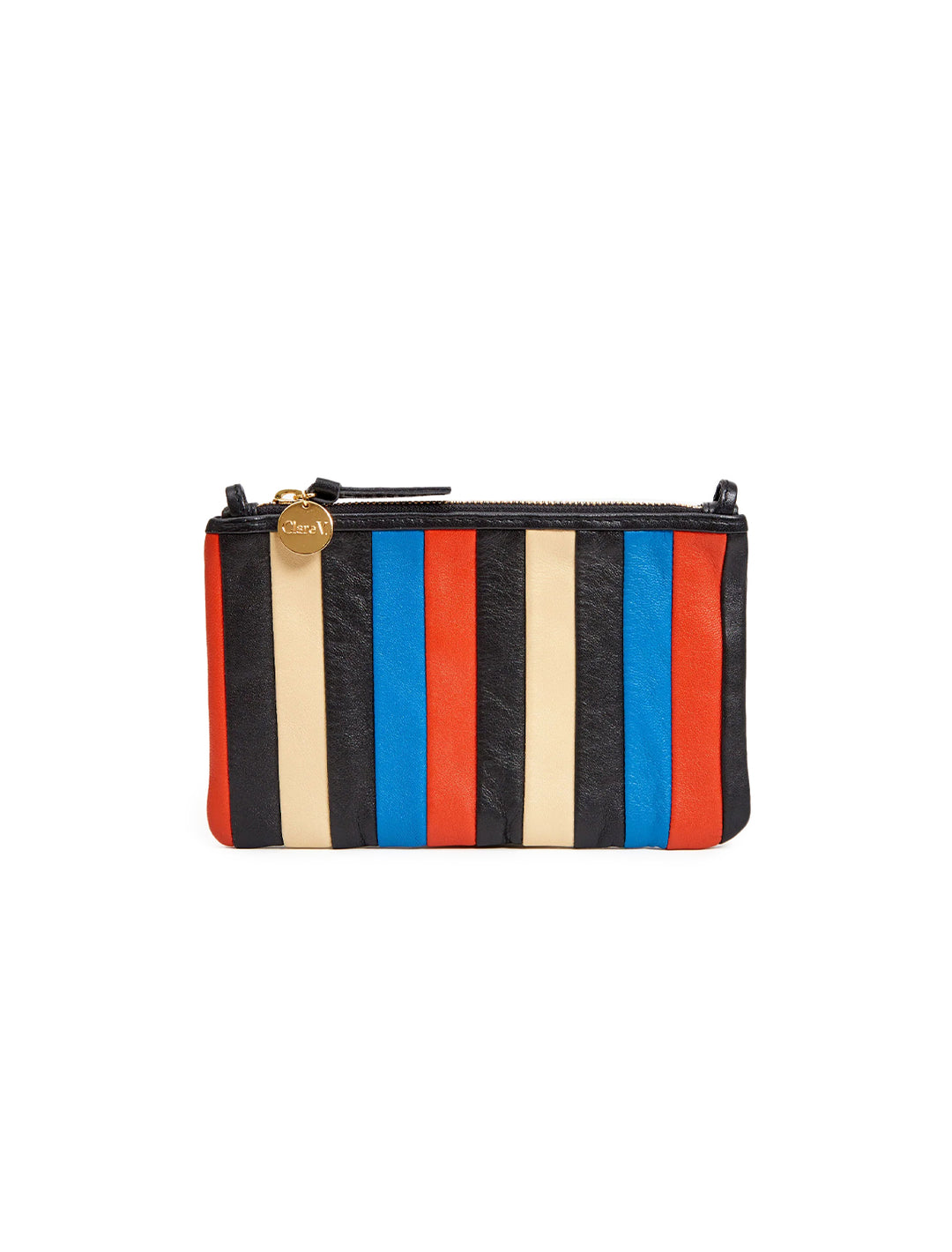 Front view of Clare V.'s wallet clutch with tabs in multi stripe nappa.