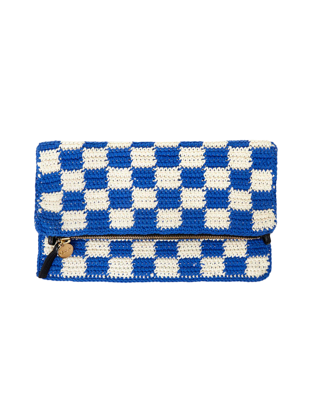 Front view of Clare V.'s foldover clutch with tabs in cobalt and cream crochet checker.