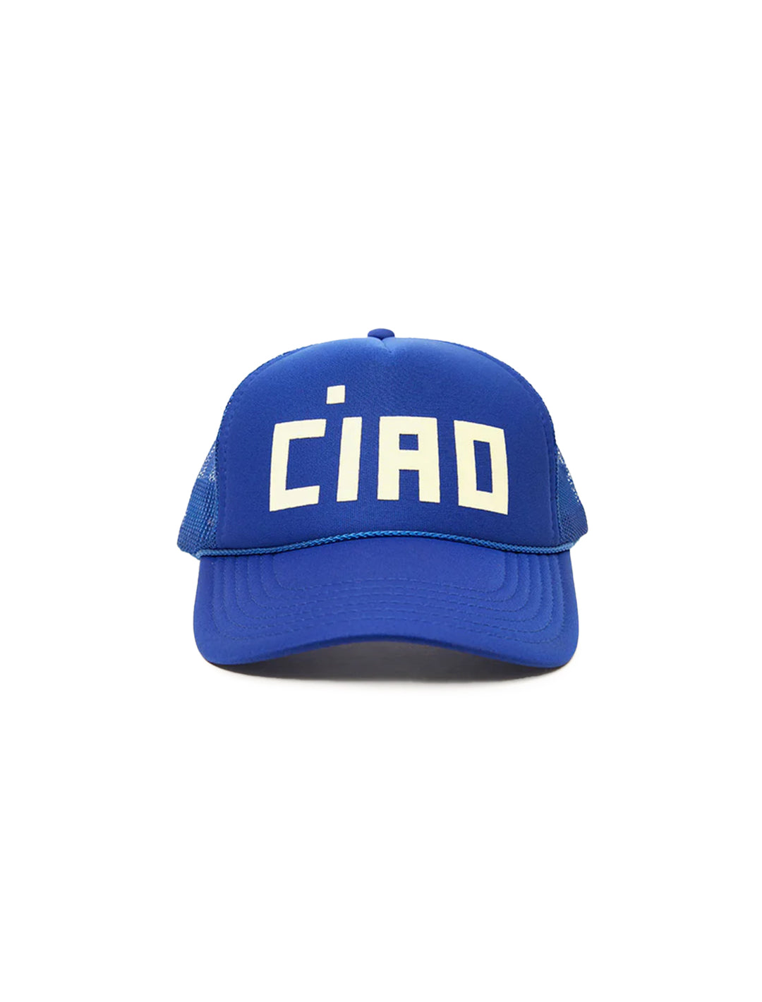 Front view of Clare V.'s ciao trucker hat in cobalt.