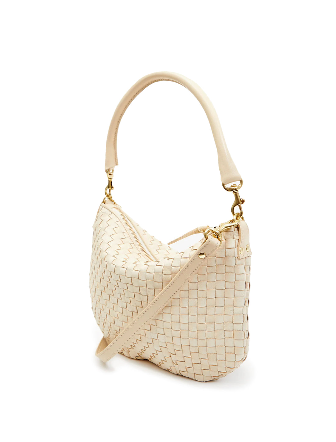 Side angle view of Clare V.'s petit moyen messenger in cream woven checker.