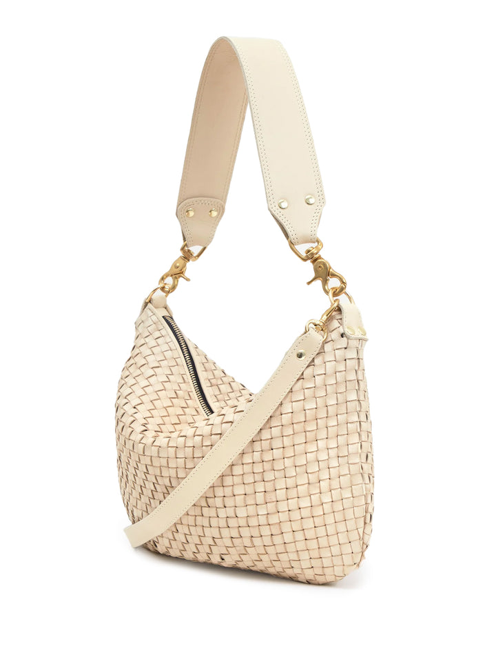 Side angle view of Clare V.'s moyen messenger in new cream woven checker.