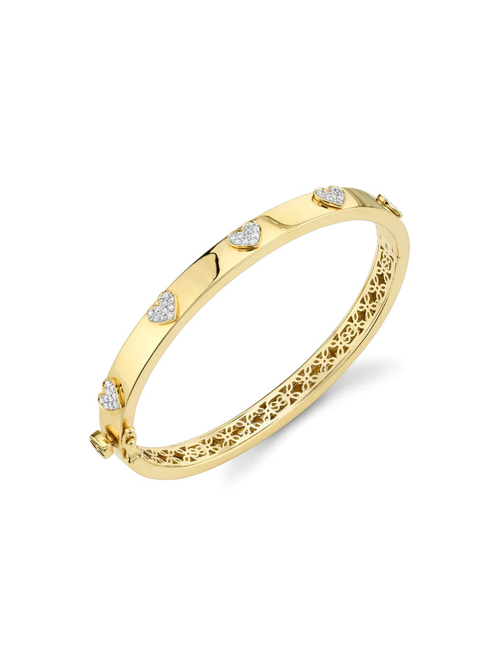 Side angle view of Sydney Evan's pave heart hinged bangle.