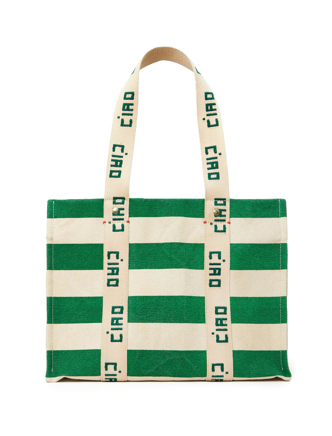 Front view of Clare V.'s noemie tote in palm green and natural stripe.