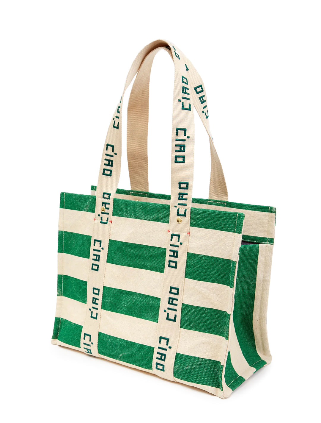 Back angle view of Clare V.'s noemie tote in palm green and natural stripe.