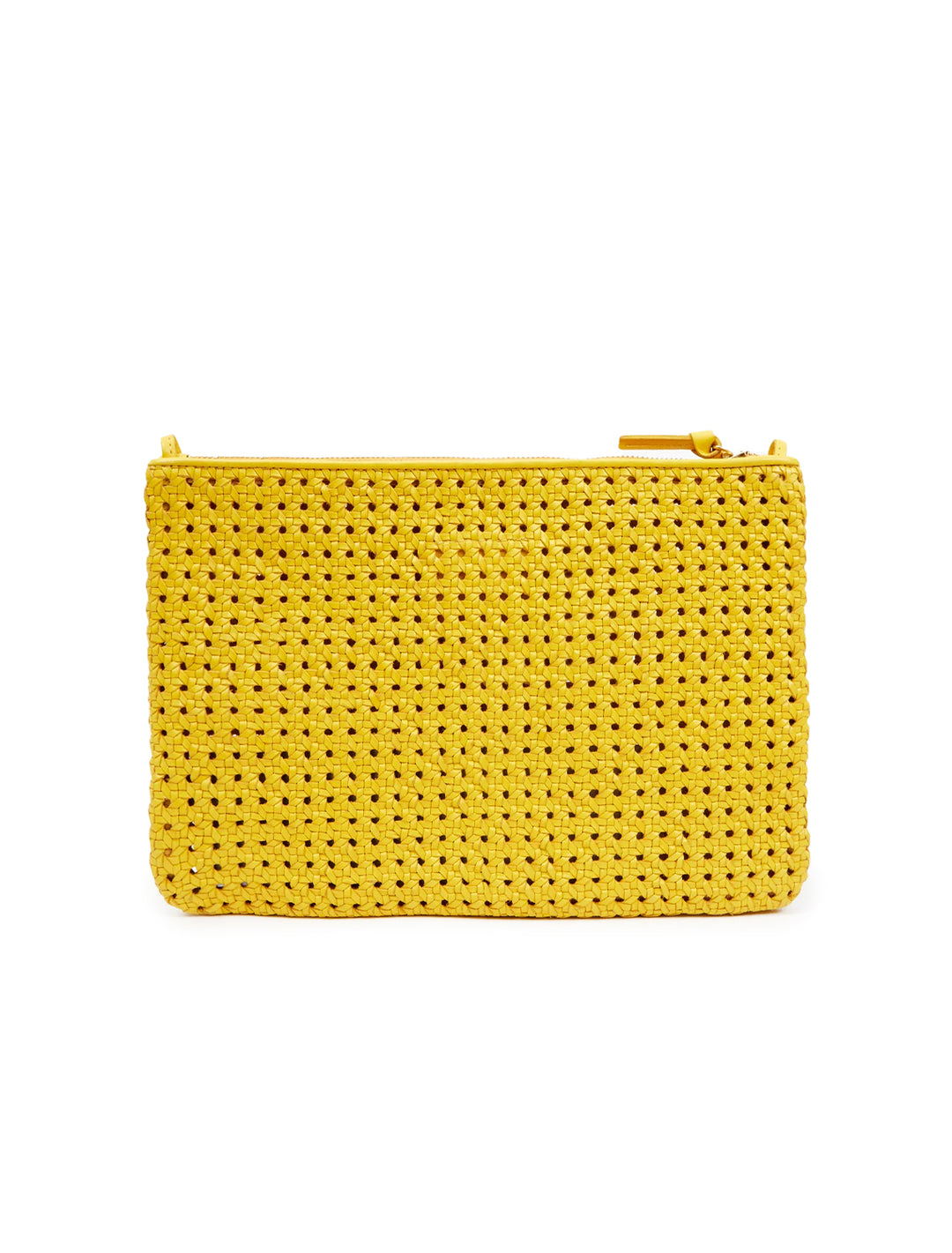 Back view of Clare V.'s flat clutch with tabs in dandelion rattan.