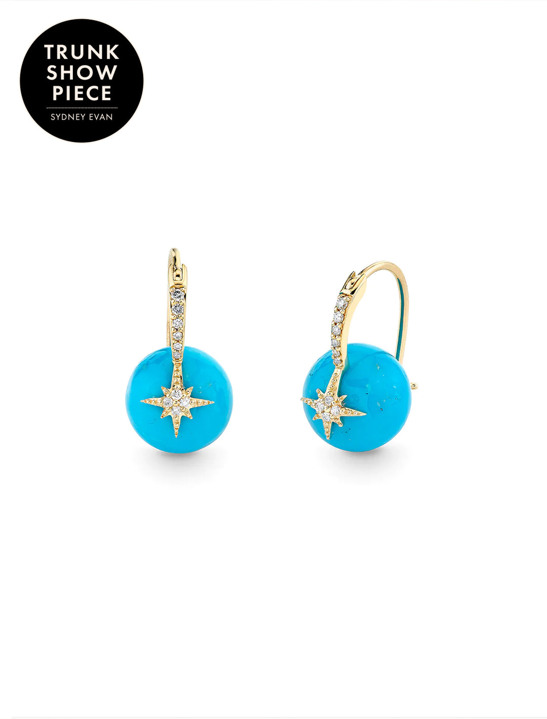 Front view of Sydney Evan's turquoise pave starburst bead earrings.