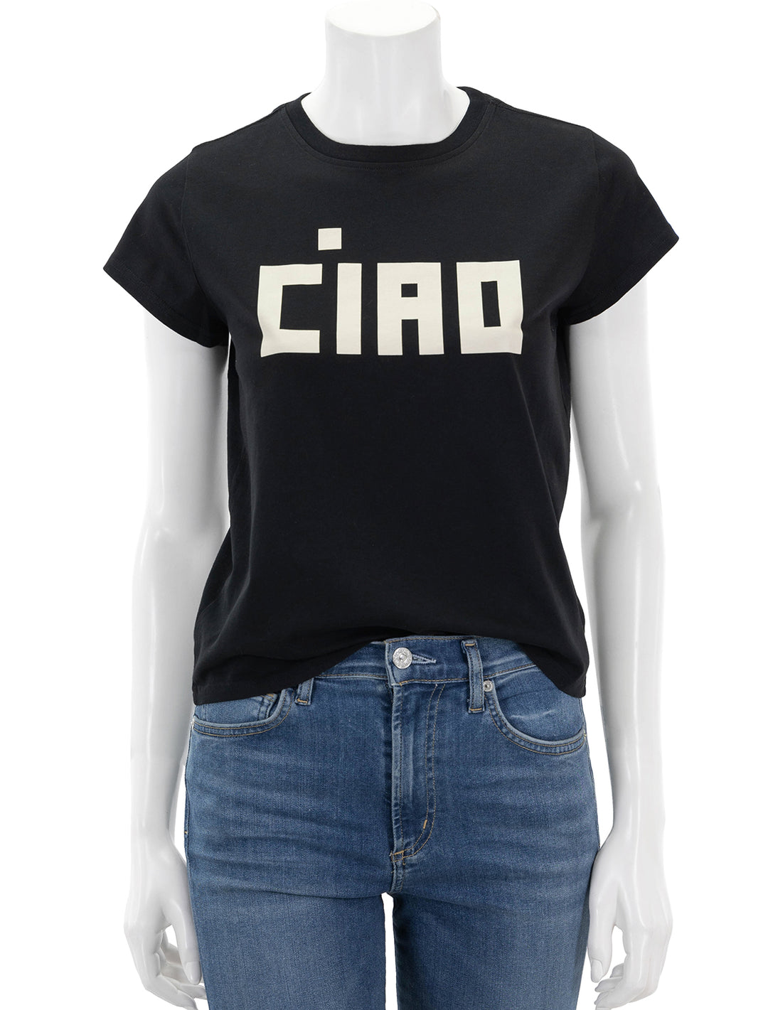 front view of ciao tee in black and cream
