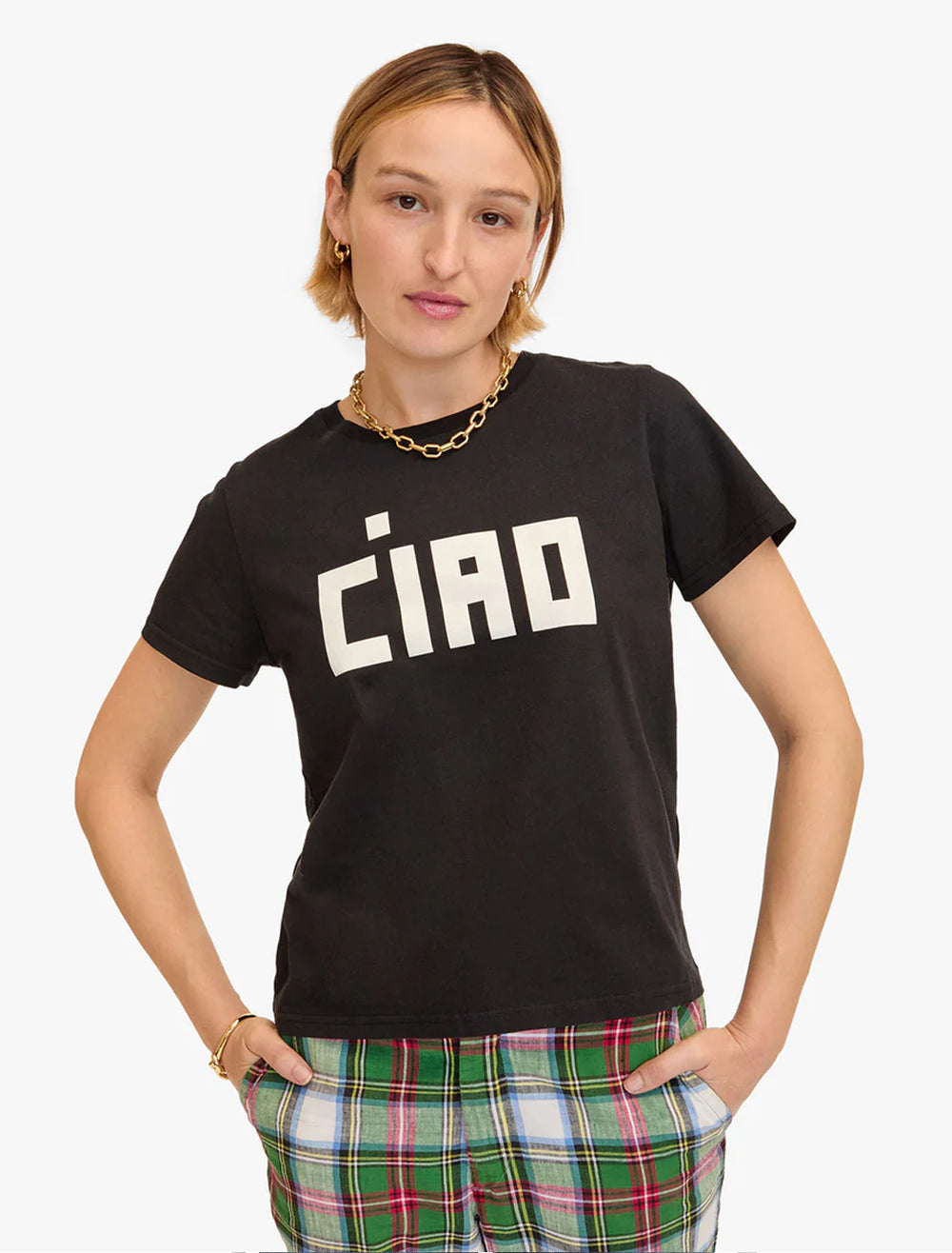 model wearing ciao tee in black and cream