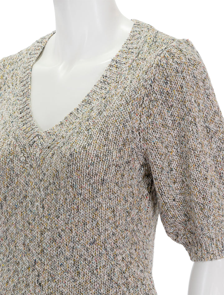 Close-up view of Lilla P.'s elbow sleeve v neck sweater in multi fleck.