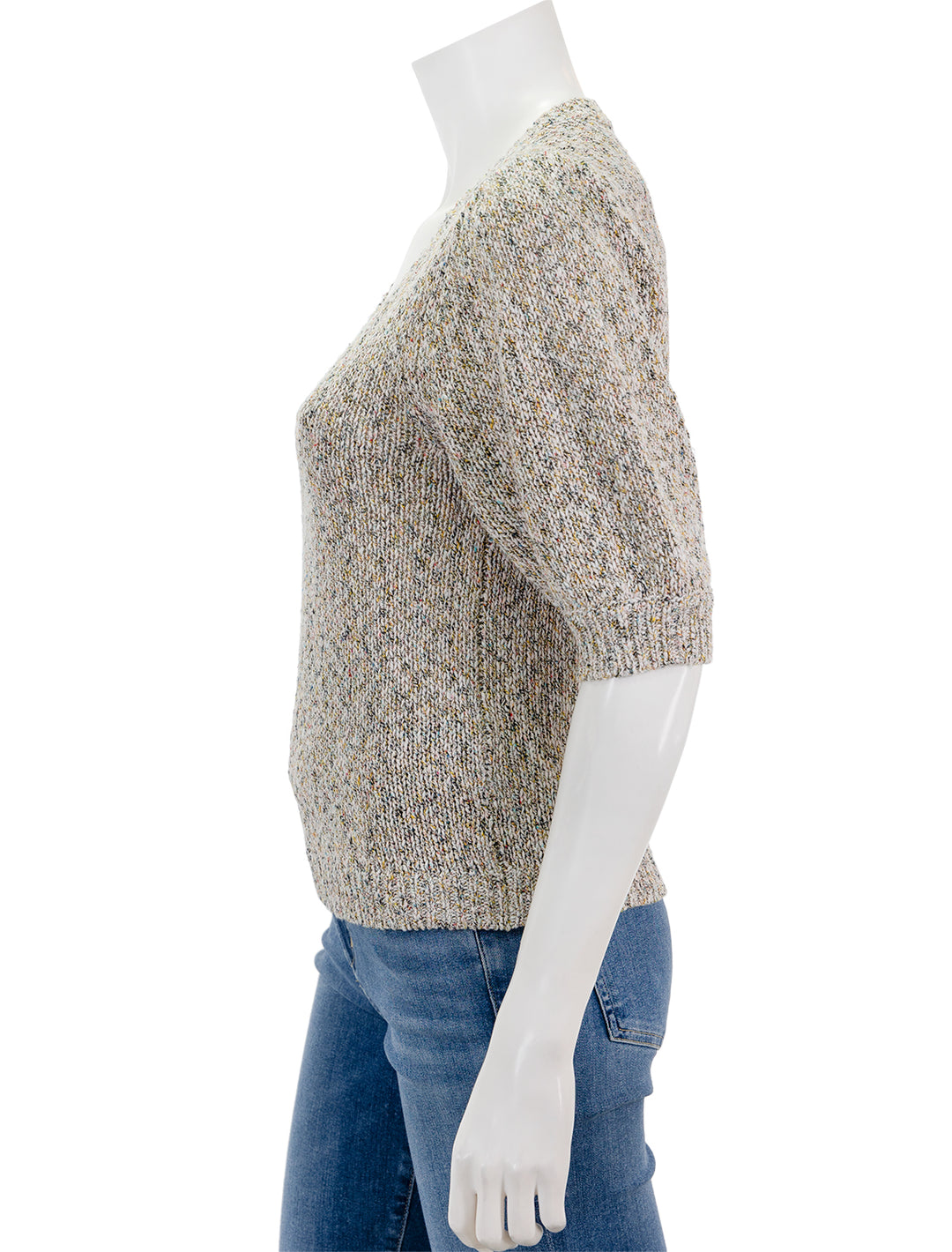 Side view of Lilla P.'s elbow sleeve v neck sweater in multi fleck.