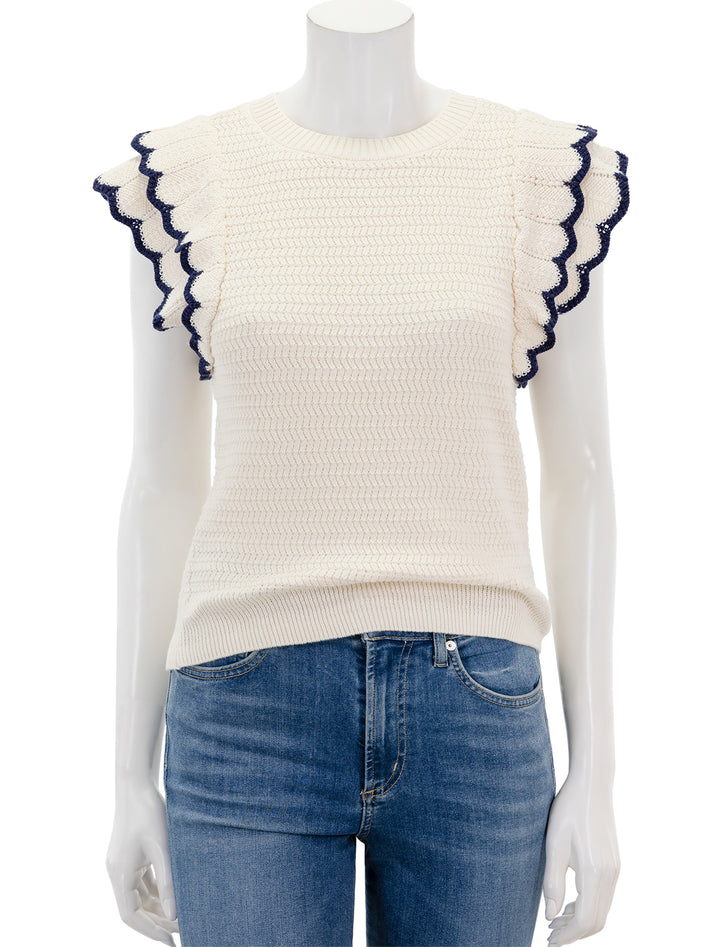 Front view of Lilla P.'s tipped sleeve crewneck sweater in ivory.