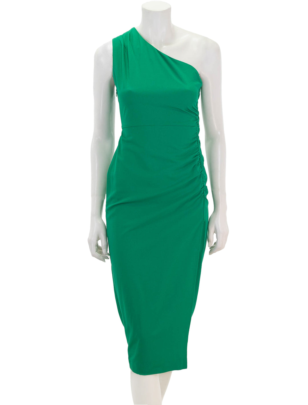 front view of crocus one shoulder dress in vert