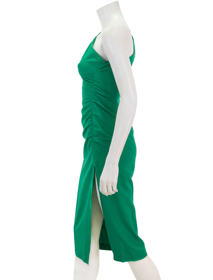 side view of crocus one shoulder dress in vert
