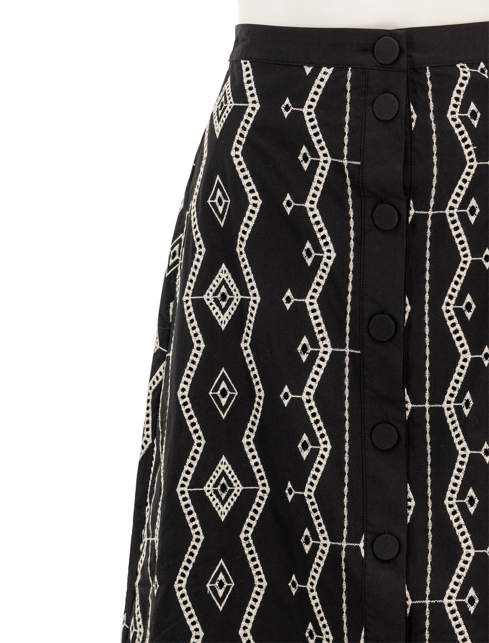 Close-up view of Suncoo Paris' first eyelet skirt in noir.