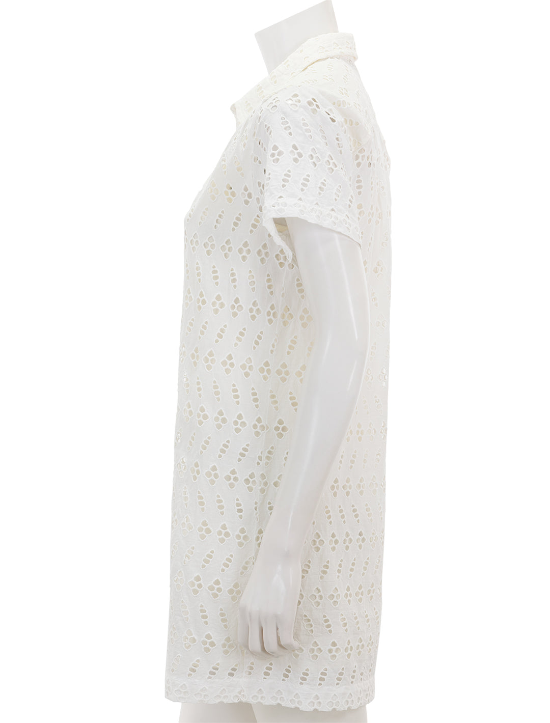 Side view of Lilla P.'s eyelet short sleeve shirt dress in white.
