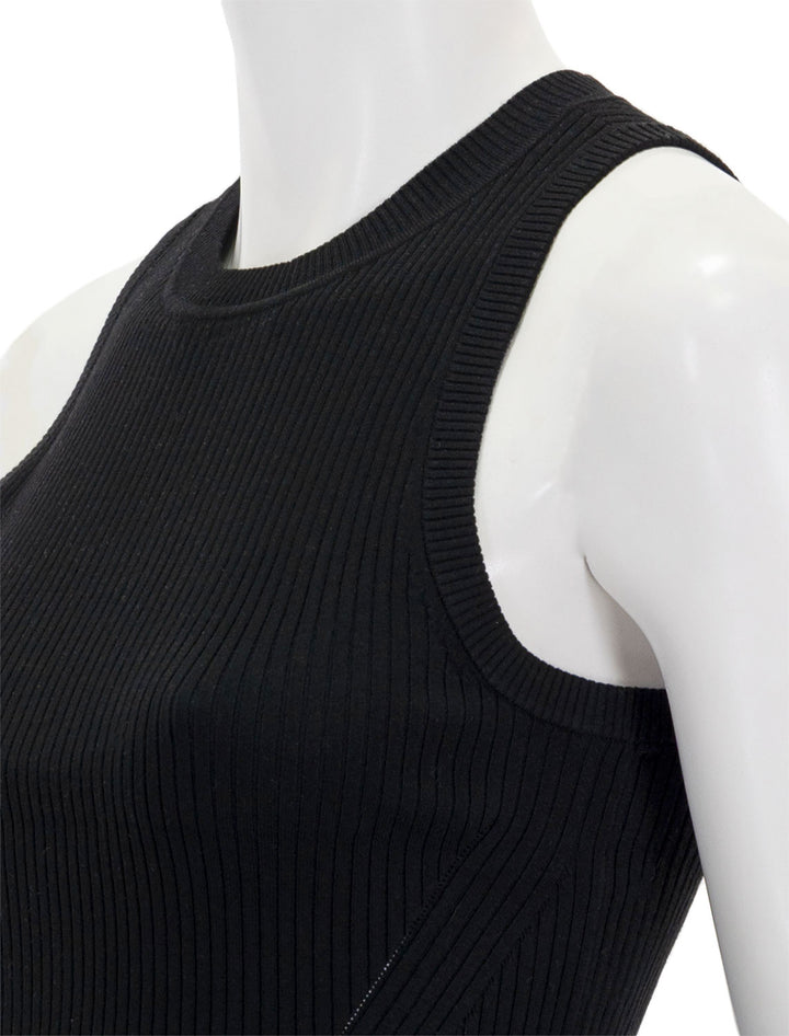 Close-up view of Lilla P.'s perfect rib tank sweater in black.