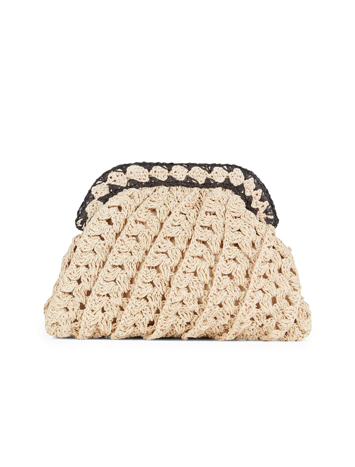 Front view of Suncoo Paris' Arvel Clutch in Natural and Black Raffia.