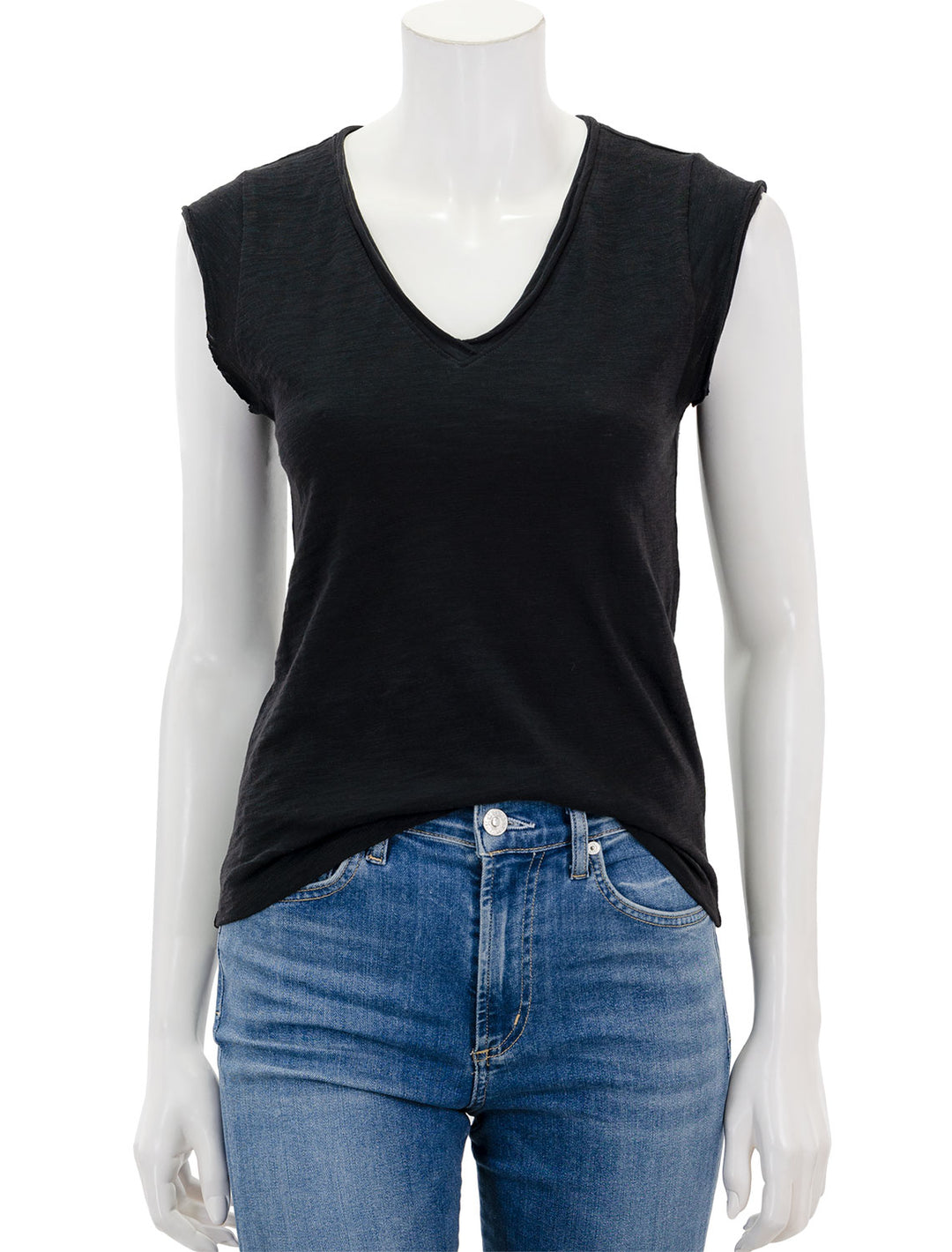 Front view of Lilla P.'s cap sleeve v neck tee in black.