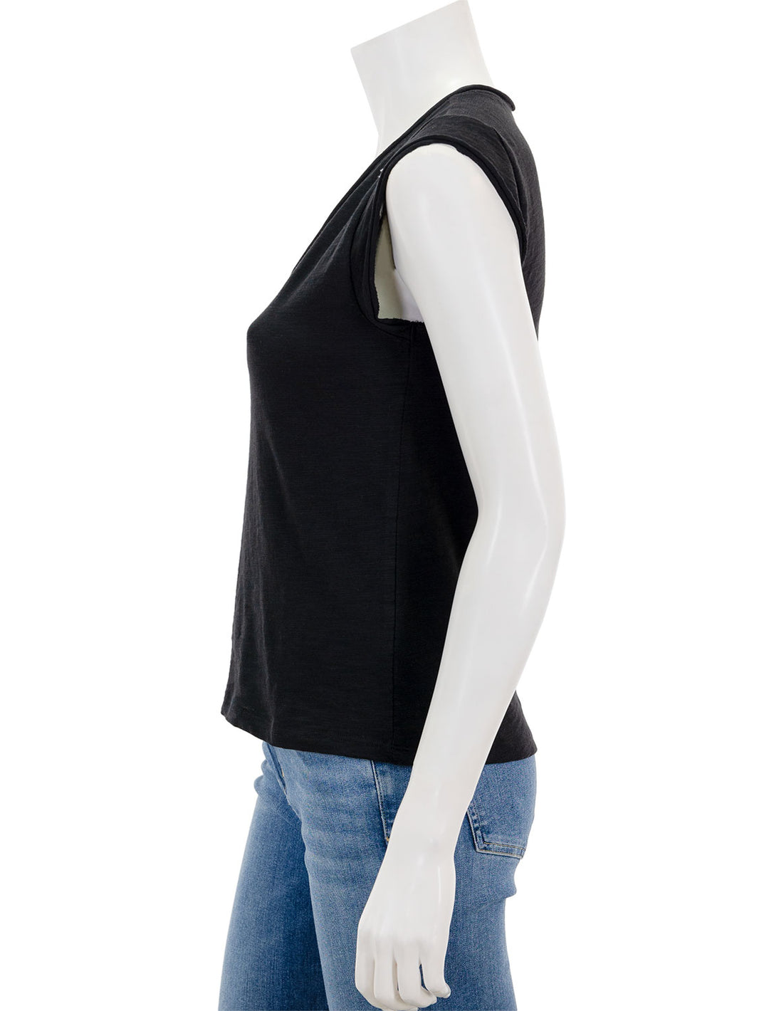 Side view of Lilla P.'s cap sleeve v neck tee in black.