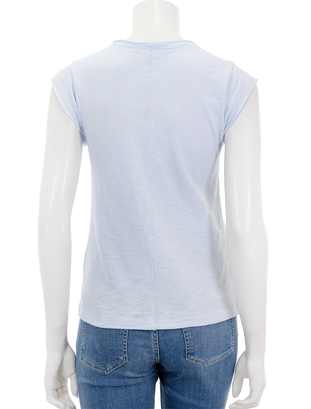 Back view of Lilla P.'s loose knit slub cap sleeve v neck tee in hyacinth.