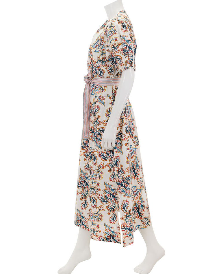 Side view of Lilla P.'s split neck full sleeve maxi dress in spring watercolor.