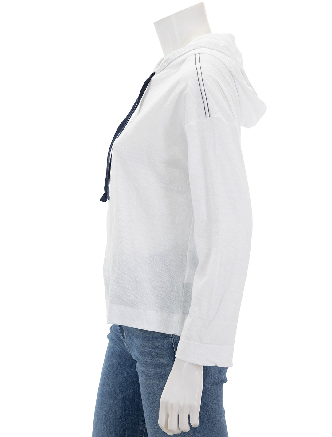 Side view of Lilla P.'s relaxed superfine slub hoodie in white.