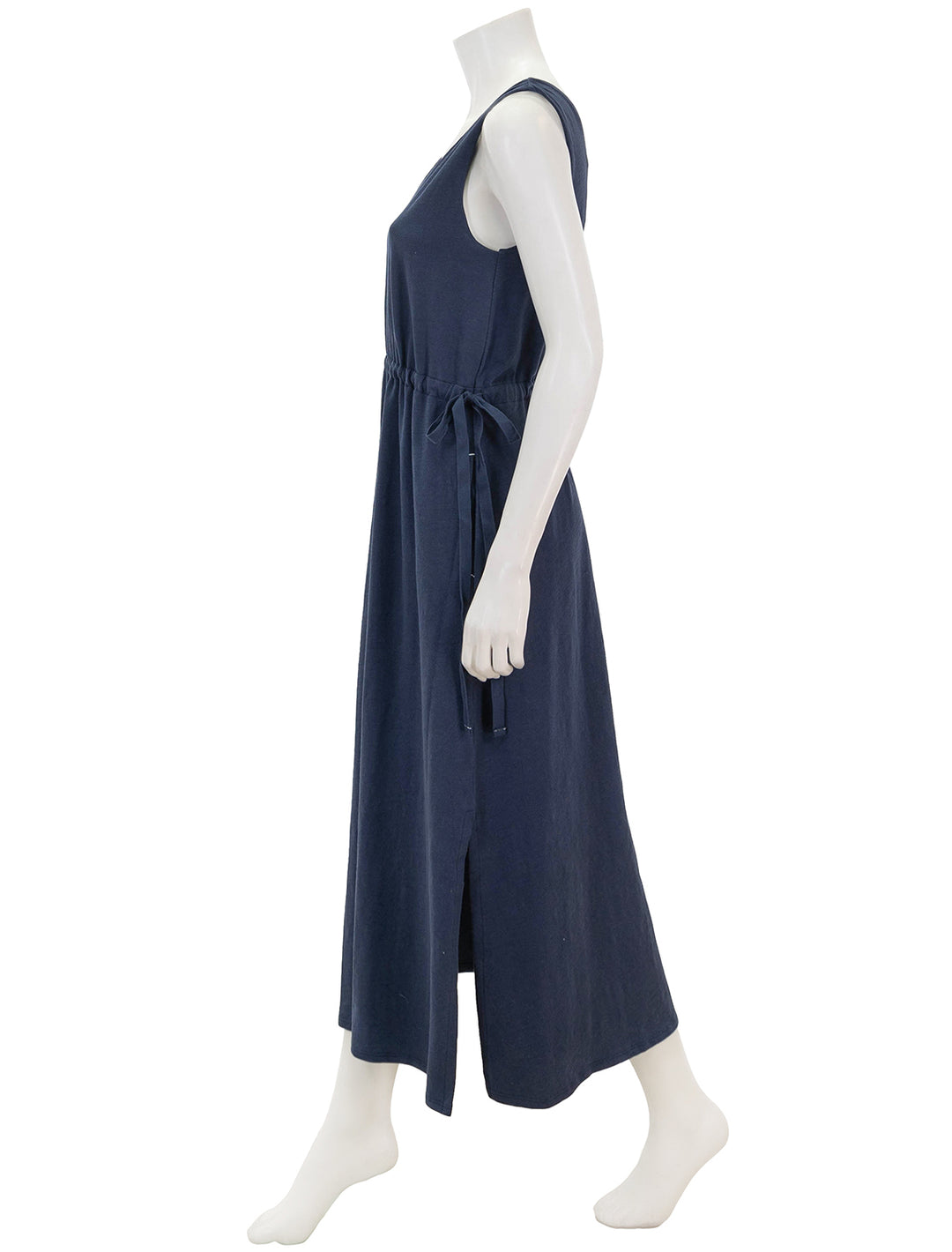 Side view of Lilla P.'s drawcord waist maxi dress in navy.