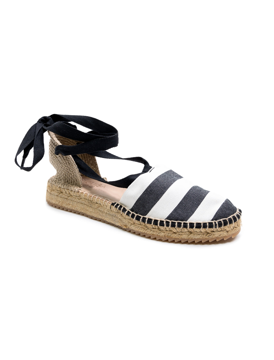Front angle view of Naguisa's berta espadrille in stripes black stripes.