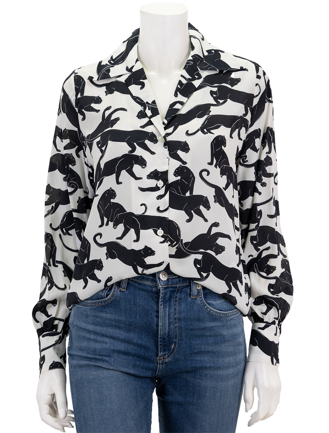 Front view of Anine Bing's mylah shirt in panther print.