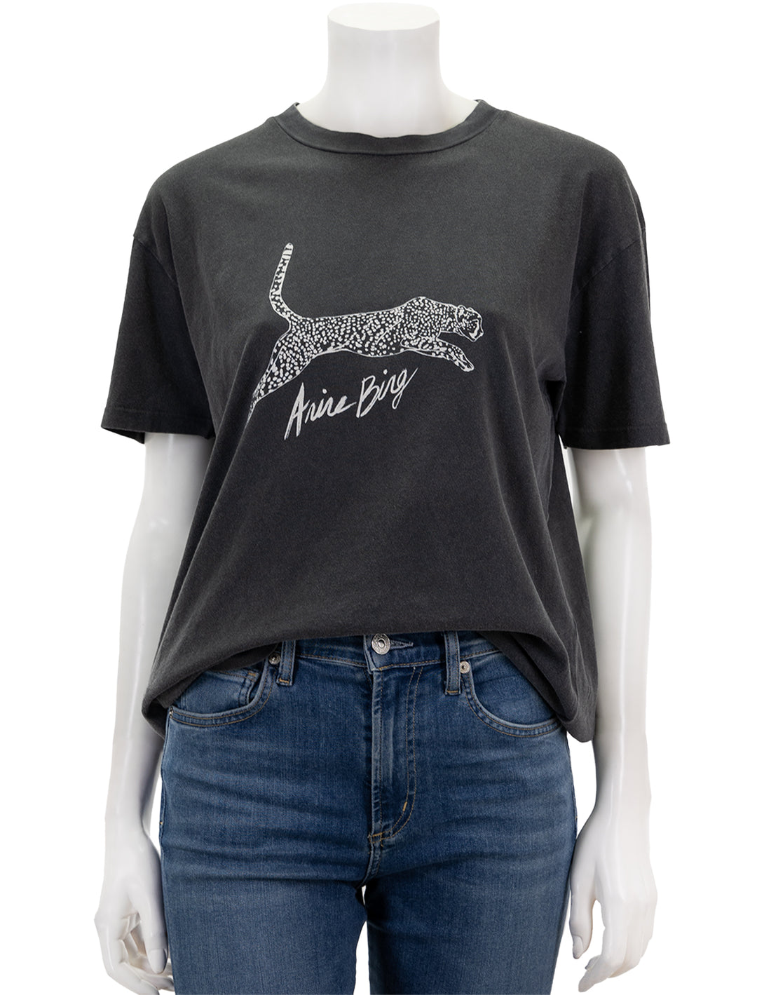 Front view of Anine Bing's spotted leopard walker tee in washed black.