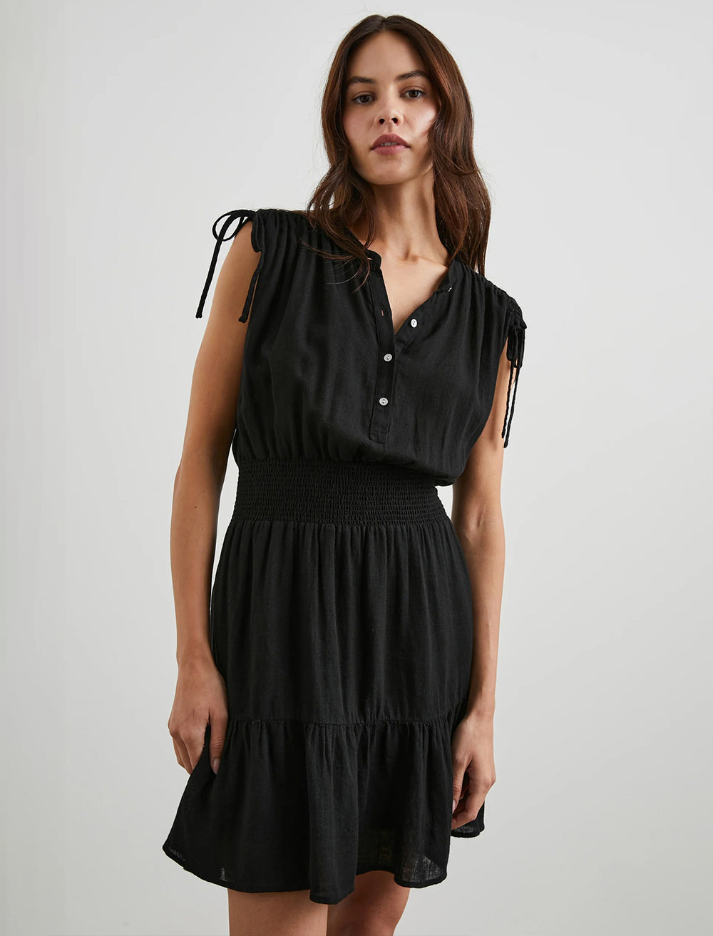 Model wearing Rails' samina dress in black.