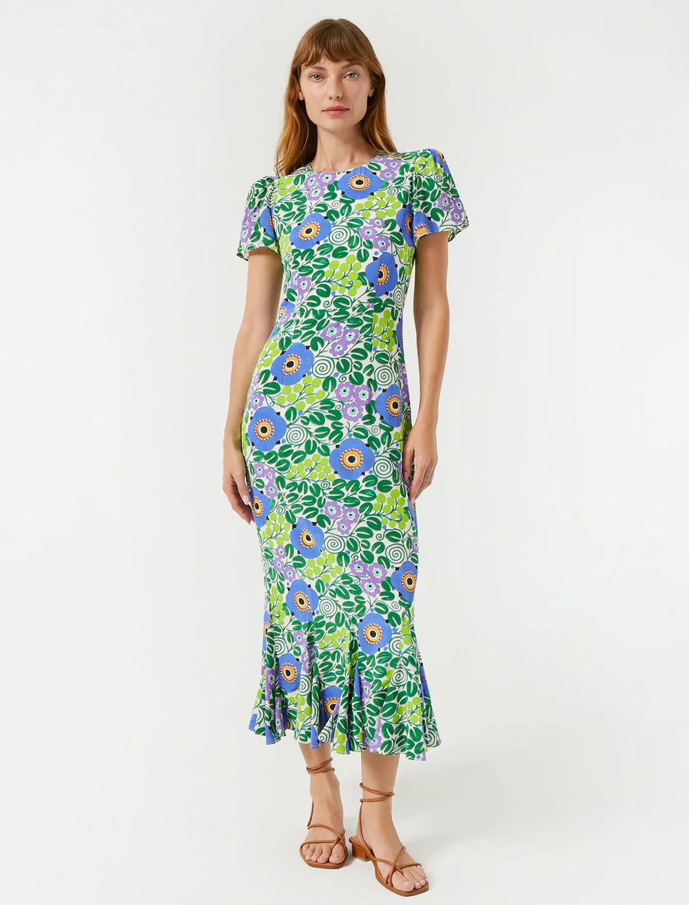 Model wearing Rhode's lulani dress in wisteria aura blossom.