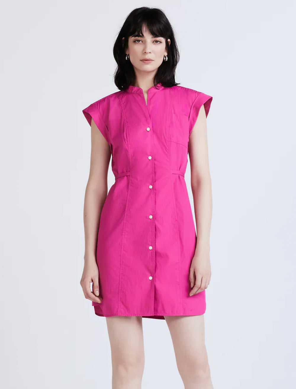 Model wearing Derek Lam 10 Crosby's peyton sleeveless shirt dress in berry.