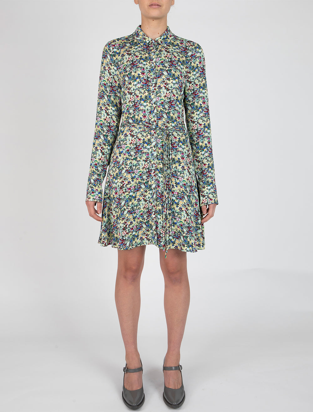 Model wearing Derek Lam 10 Crosby's angie long sleeve shirt dress in teal multi floral.