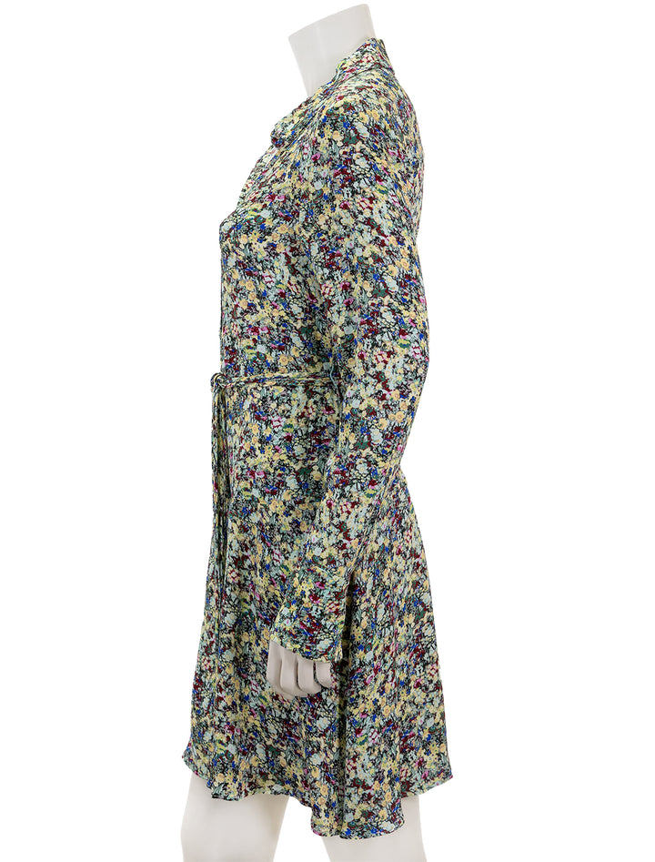 Side view of Derek Lam 10 Crosby's angie long sleeve shirt dress in teal multi floral.