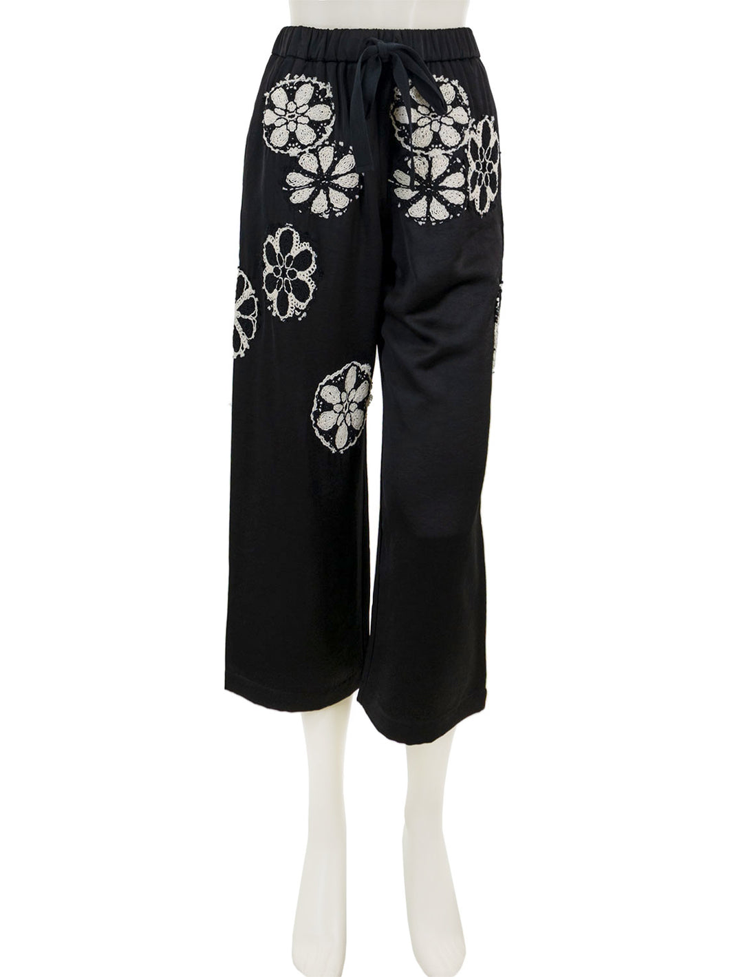 Front view of Saint Art's nova crochet pants in black and ivory.