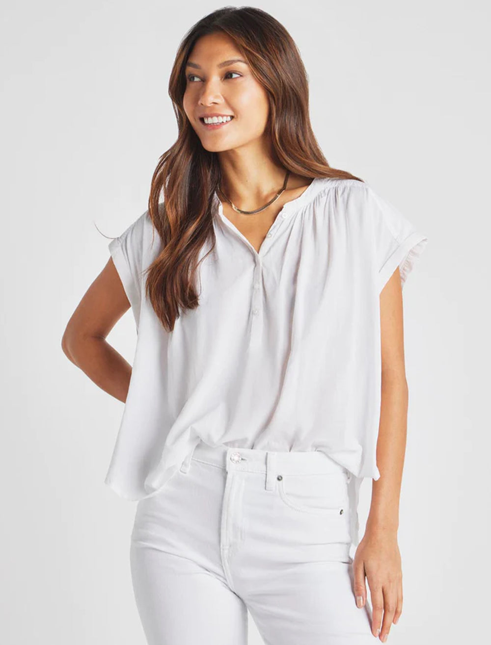 Model wearing Splendid's paloma blouse in white.
