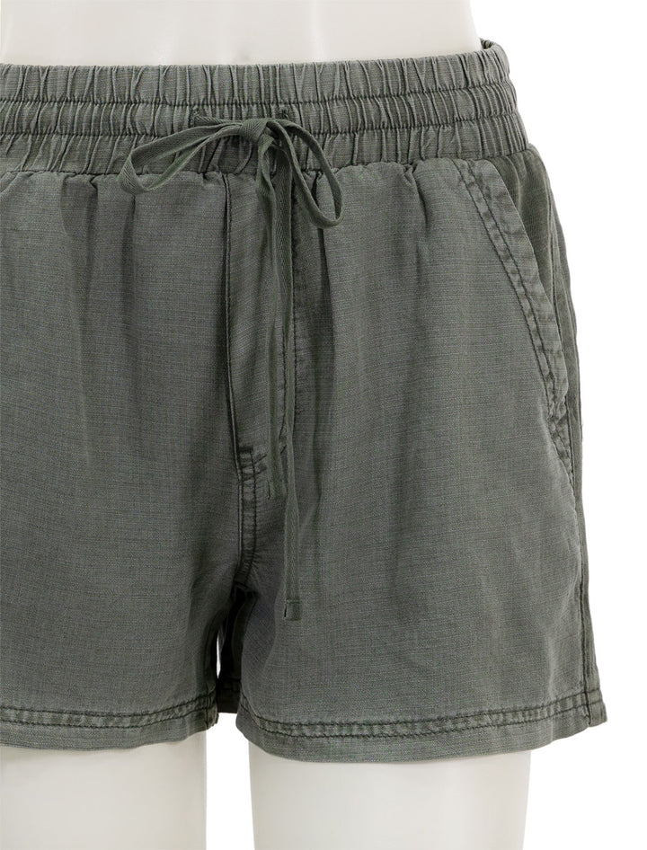 Close-up view of Splendid's campside shorts in soft very olive brown.