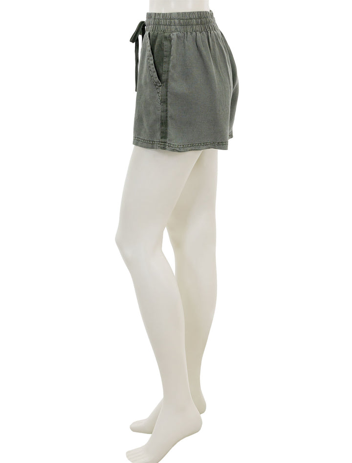 Side view of Splendid's campside shorts in soft very olive brown.