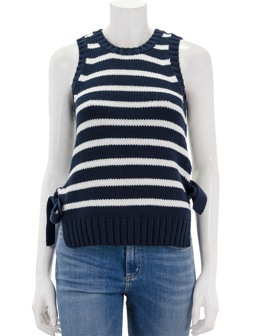 Front view of Splendid's zoey tie sweater tank in navy and white.