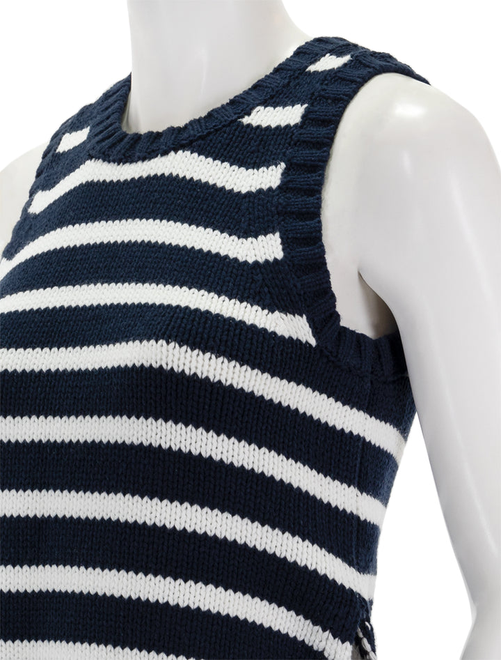 Close-up view of Splendid's zoey tie sweater tank in navy and white.