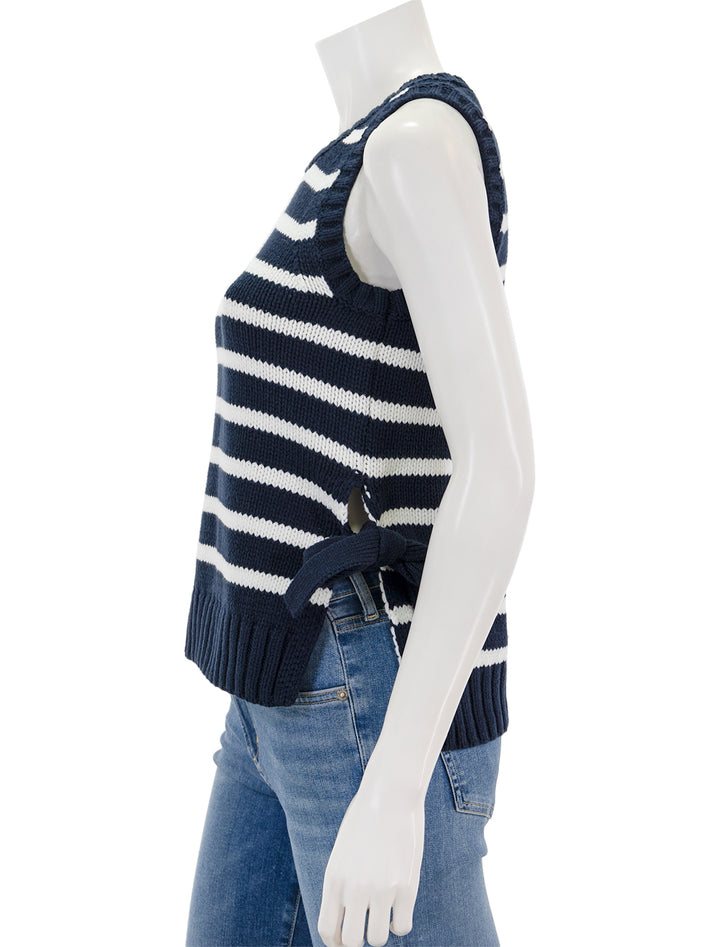 Side view of Splendid's zoey tie sweater tank in navy and white.