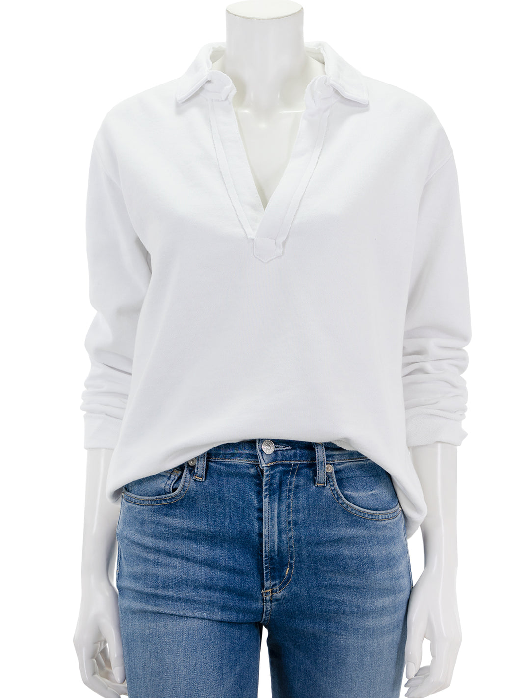 Front view of Splendid's cassie long sleeve terry polo in white.