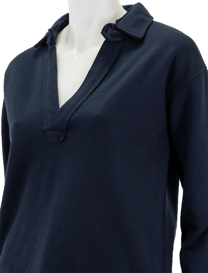 Close-up view of Splendid's cassie long sleeve terry polo in navy.