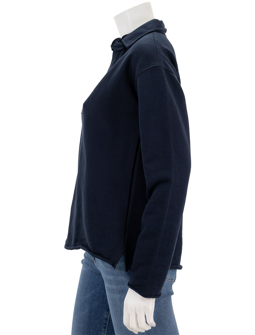 Side view of Splendid's cassie long sleeve terry polo in navy.